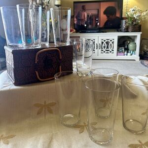 10 Vintage Flat Plain Thin Walled Clear Glass Stackable 4.5” Drinking Glasses.